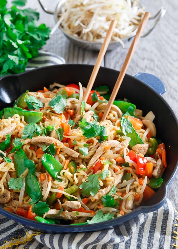 This 20 minute pork ramen stir fry is sweet, spicy and filled with vegetables for an easy, healthy weeknight dinner.