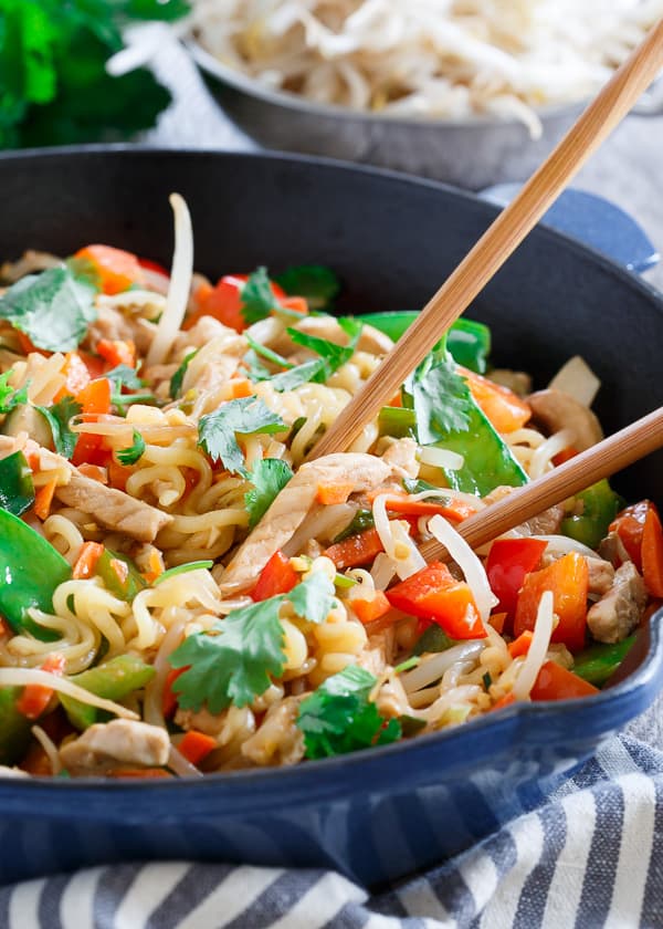 This 20 minute pork ramen stir fry is sweet, spicy and filled with vegetables.