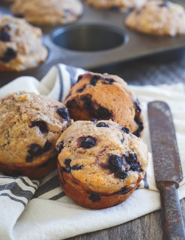 These blueberry ginger muffins are 100% whole wheat and made with wild blueberries and Greek yogurt for a healthy, superfood. 