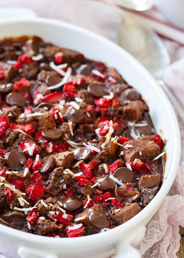 This gluten free chocolate strawberry bread pudding can be a decadent breakfast (perfect for Valentine's Day!) or a deliciously chocolaty dessert, your pick!
