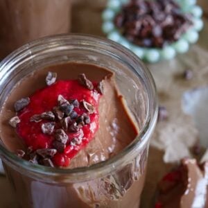 Paleo chocolate mousse in a glass jar.