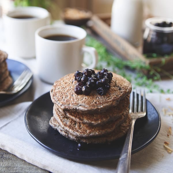 Start your day with a stack of these Toasted Coconut Cinnamon Raisin Oat Bran Pancakes