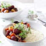 Celery root puree with roasted vegetables.