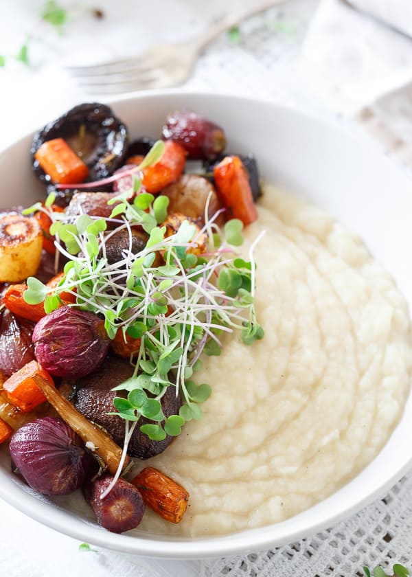 Celery Root Puree with Roasted Balsamic Vegetables makes an incredibly comforting vegetarian meal.