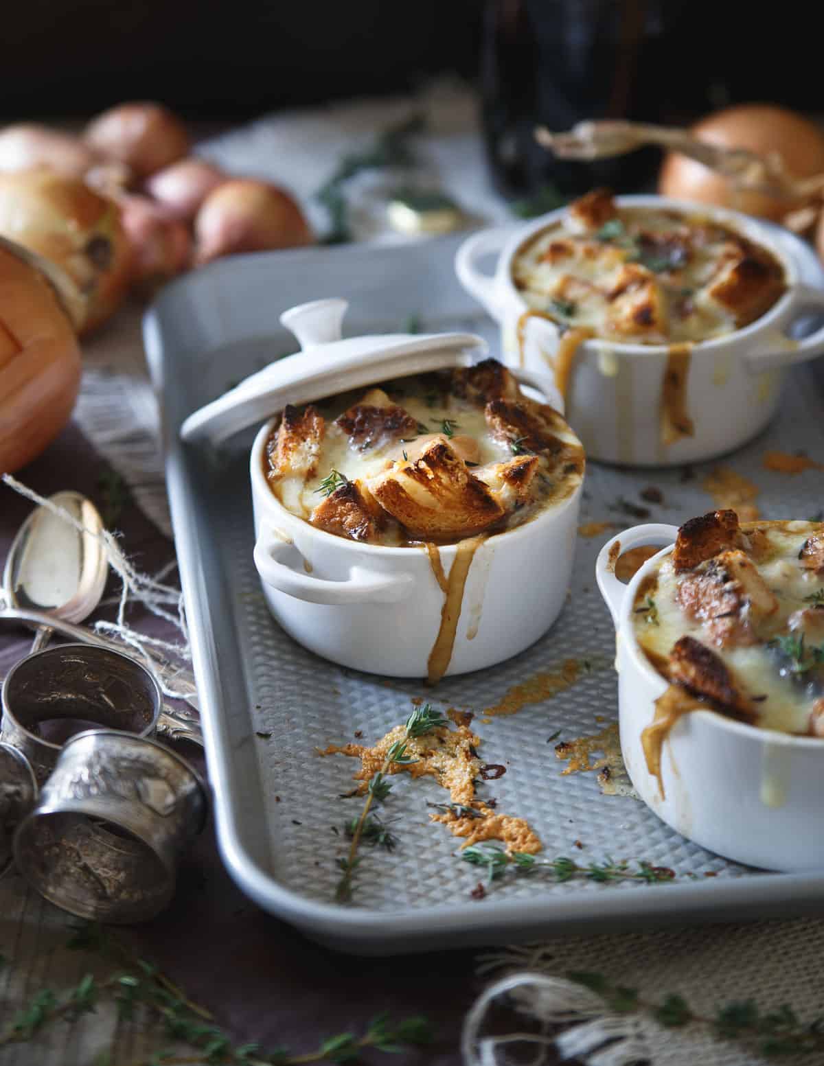 This gluten free Irish stout onion soup is made with buttery toasted thyme croutons and topped with plenty of Irish cheddar.