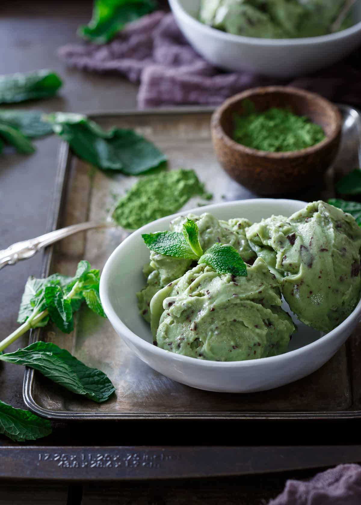 This matcha mint chocolate chunk ice cream is made with coconut milk for a creamy, dairy and gluten free dessert. A refreshing treat for the warmer weather!