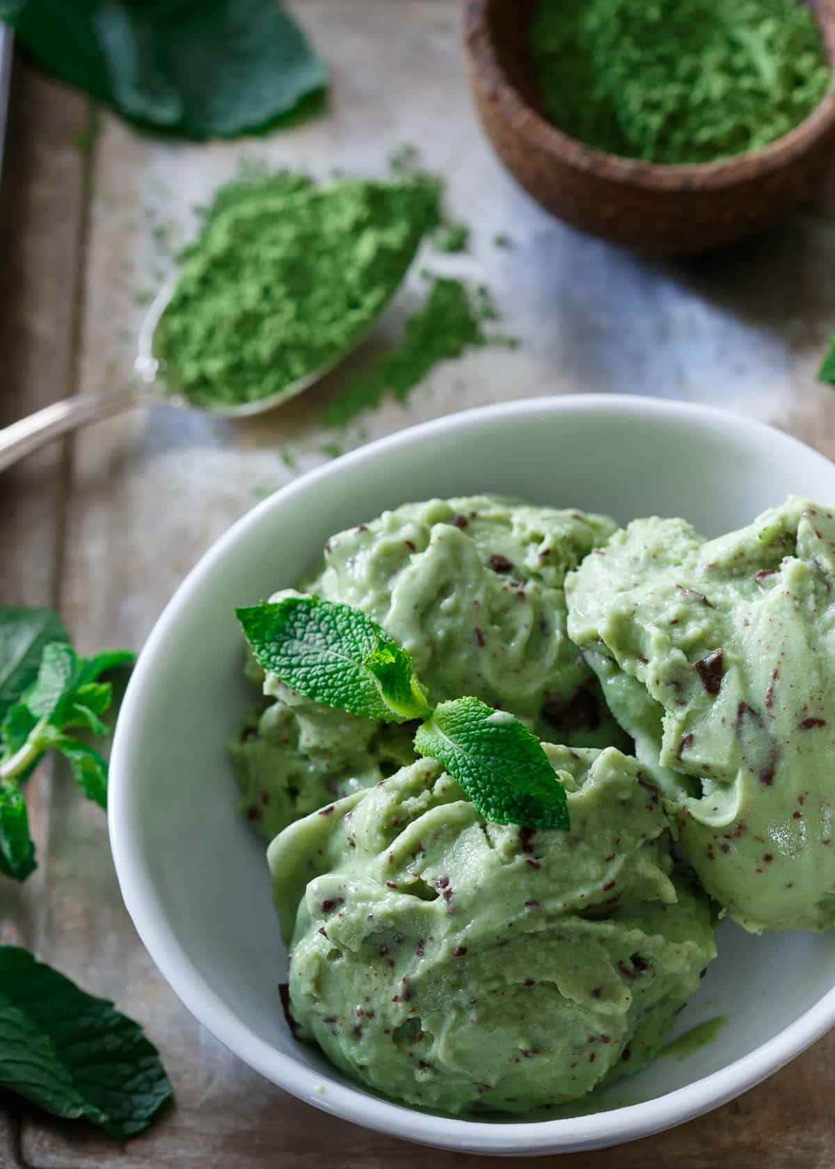 This matcha mint chocolate chunk ice cream is made with coconut milk for a creamy, dairy and gluten free dessert.