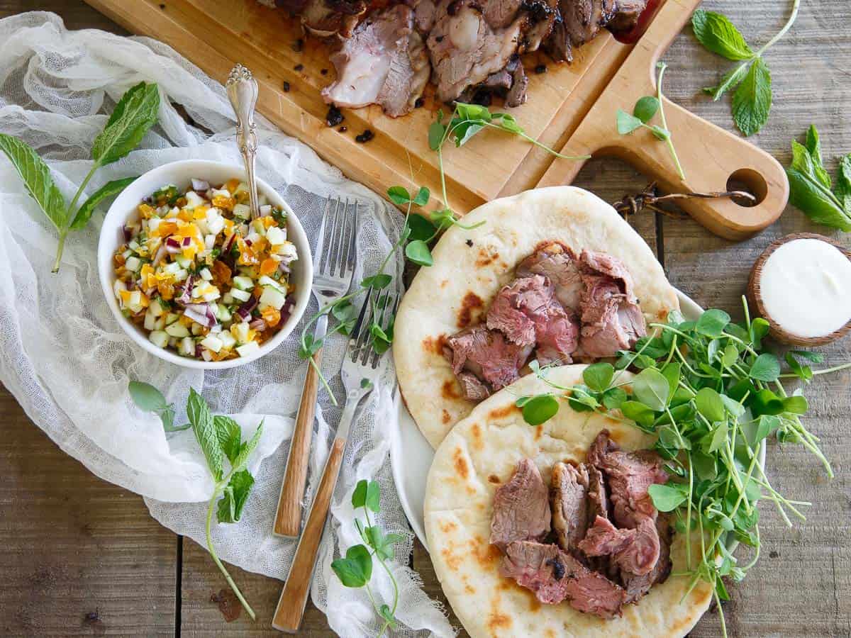 Spring Gyros are topped with a sweet and refreshing apricot salsa