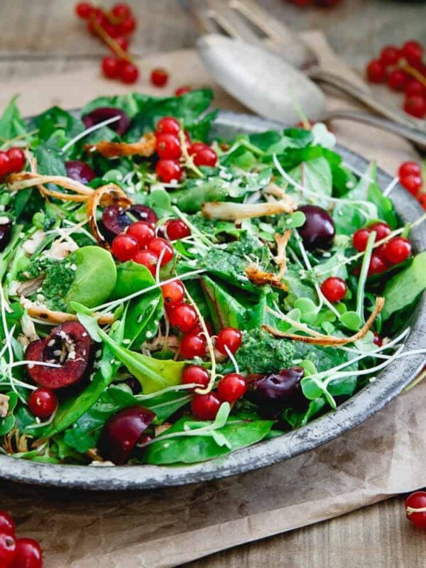 This baby kale chicken cherry salad highlights the best of summer fruit with easy shredded leftover chicken for a light and healthy meal.