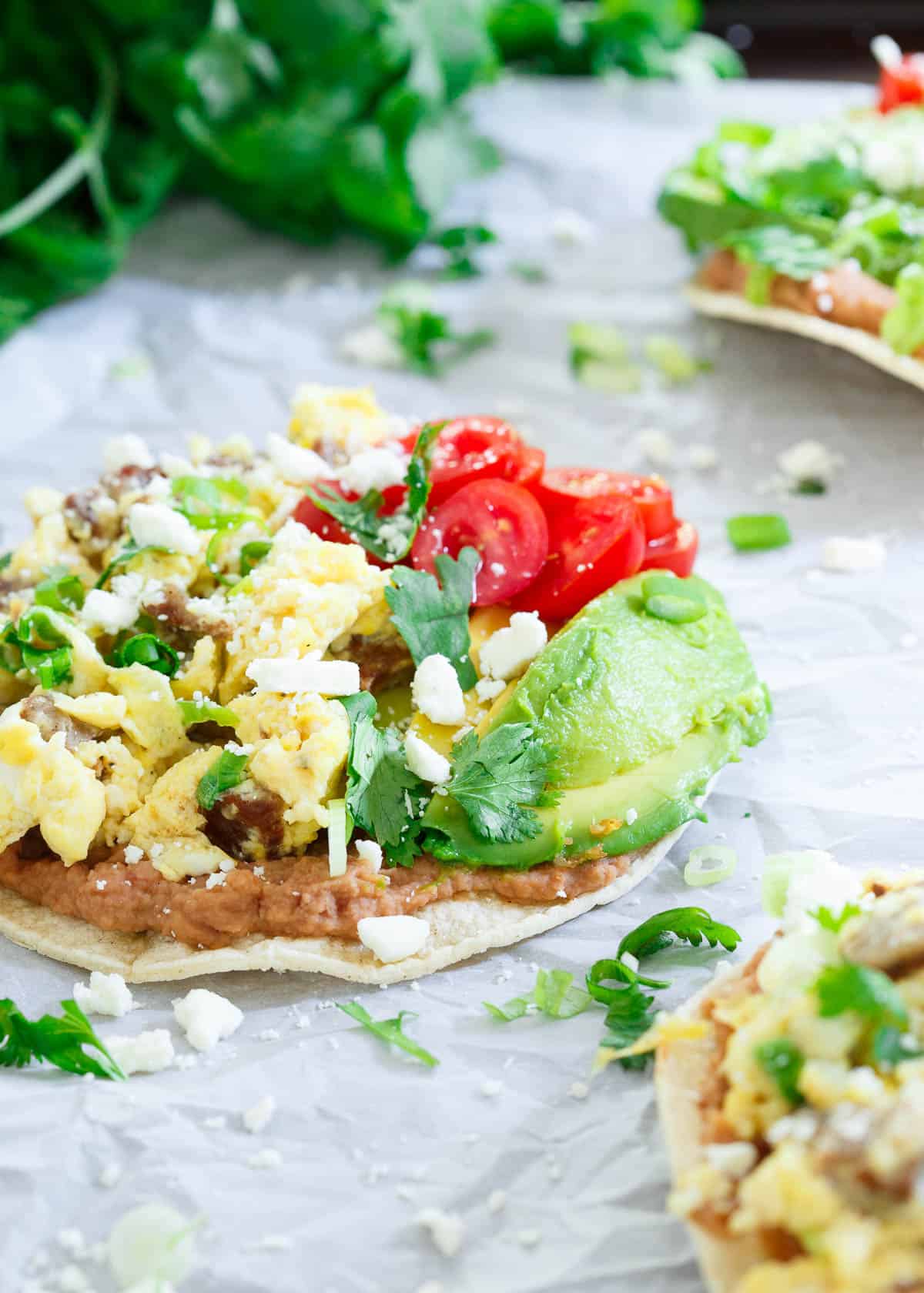 Chicken Sausage Breakfast Tostadas are a delicious savory start to the day with a bit of Mexican flair!