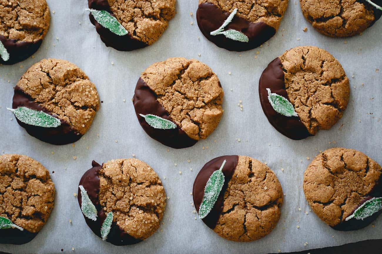 Chewy and soft flourless cashew almond butter cookies are a wonderful holiday treat garnished with candied sage.