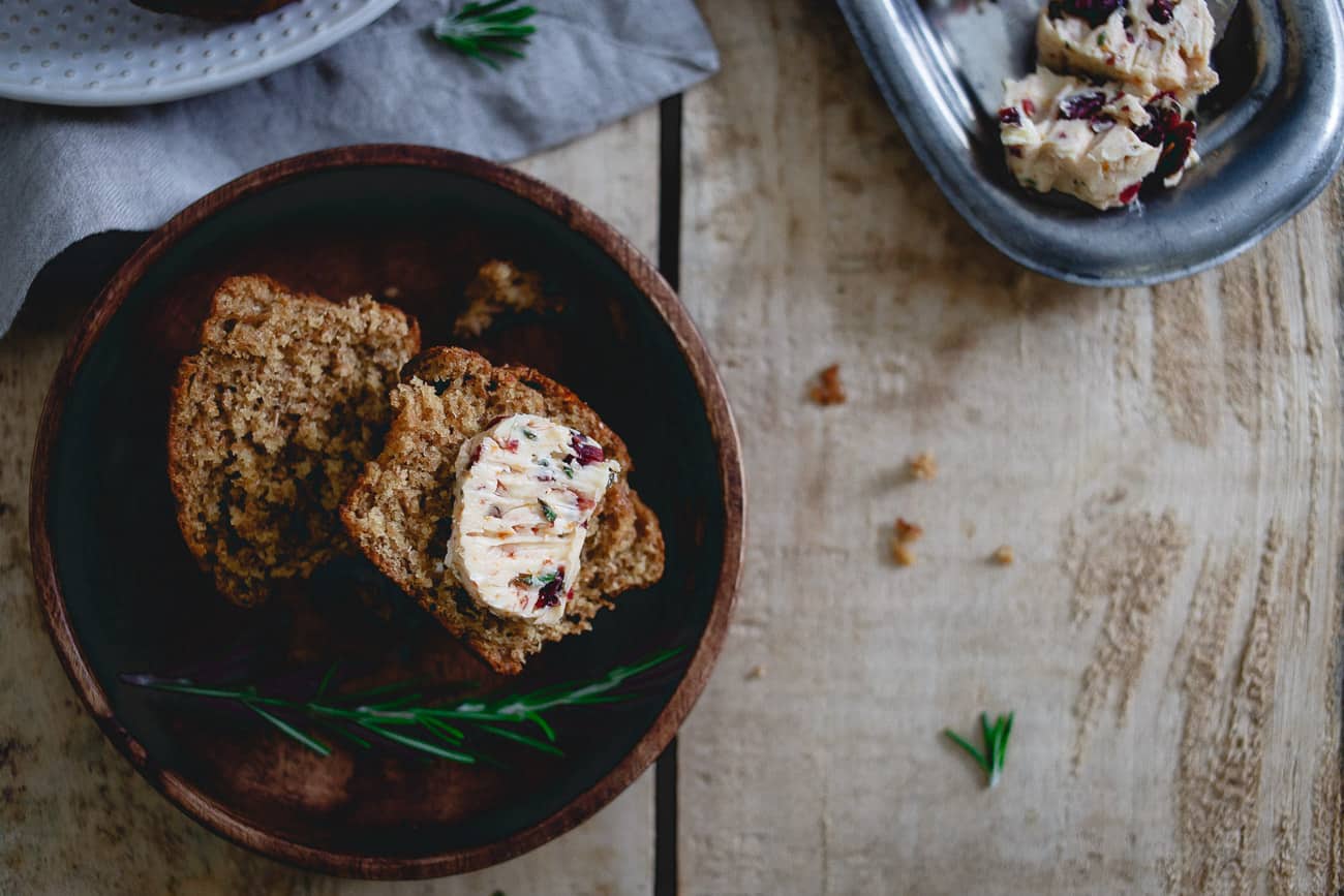 Boozy cognac cranberries, fresh orange zest and rosemary make this compound butter irresistible on a piece of warm bread!