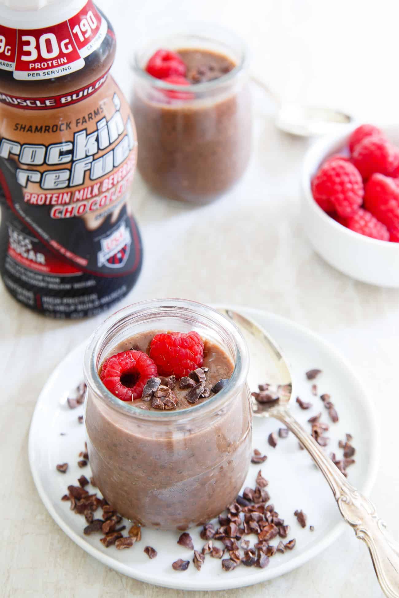 Chia pudding is the perfect healthy dessert option. Rockin' Refuel chocolate protein milk is the perfect high-protein base for making this chocolate almond version.
