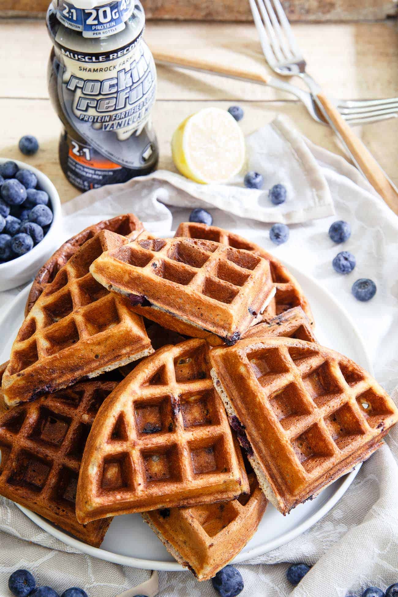 Waffle bites packed with protein, lemon flavor and blueberries can either be enjoyed for breakfast or eaten as a snack, they're delicious either way.