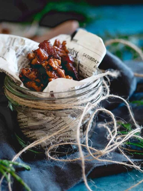 This candied bacon nut brittle is spicy, sweet and outrageously delicious. It also makes the perfect DIY food gift for the holiday season!