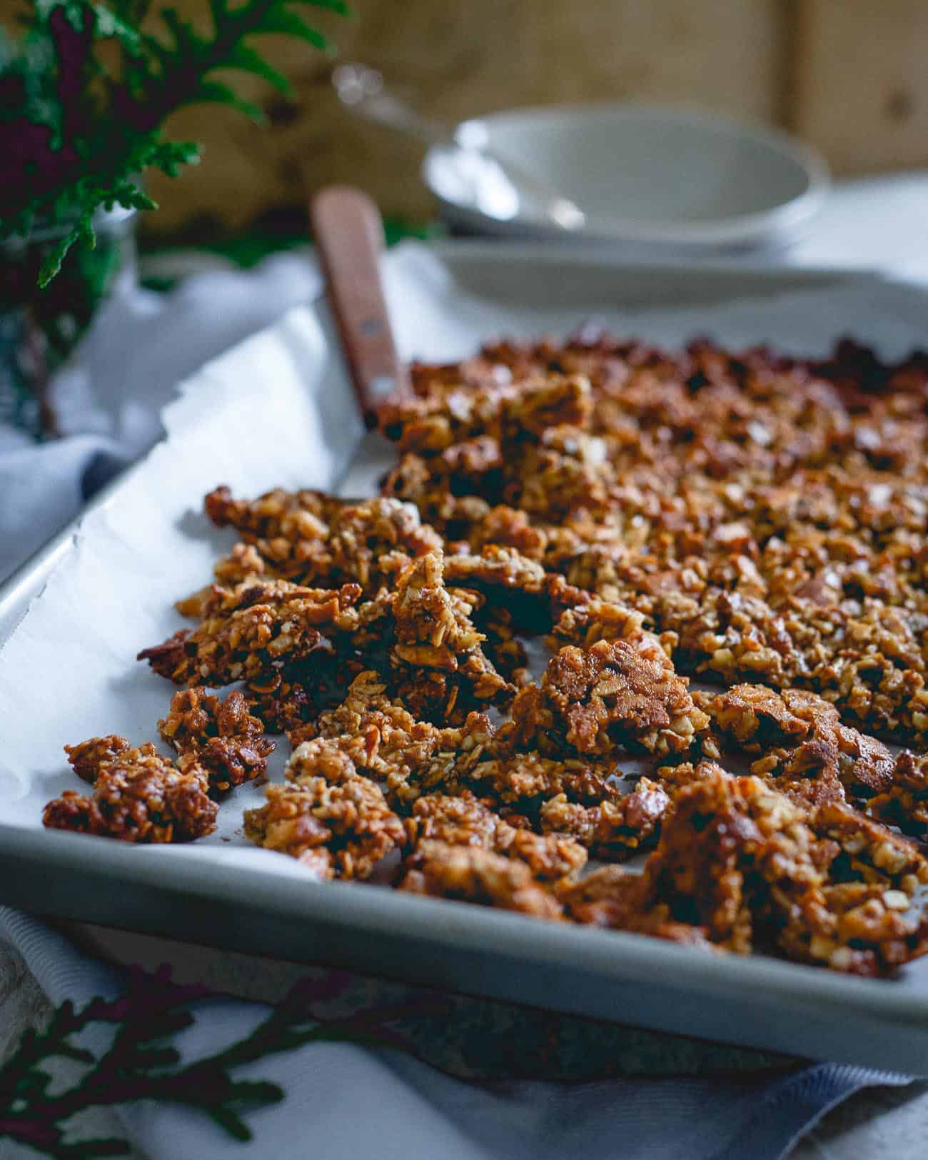 Great with milk, yogurt or just plain, this paleo gingerbread granola is a delicious treat for wintertime.