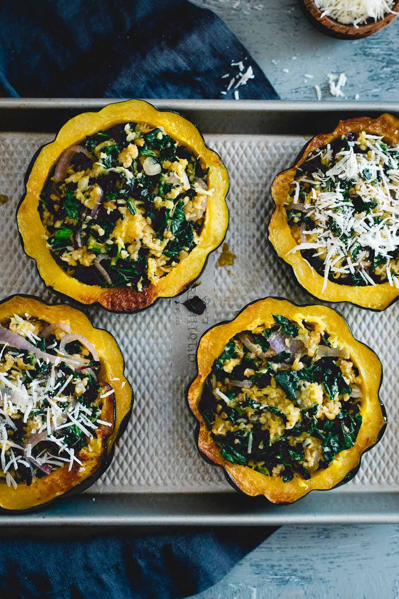 Kale, freekah and pecorino romano combine in these fall inspired twice baked acorn squash.