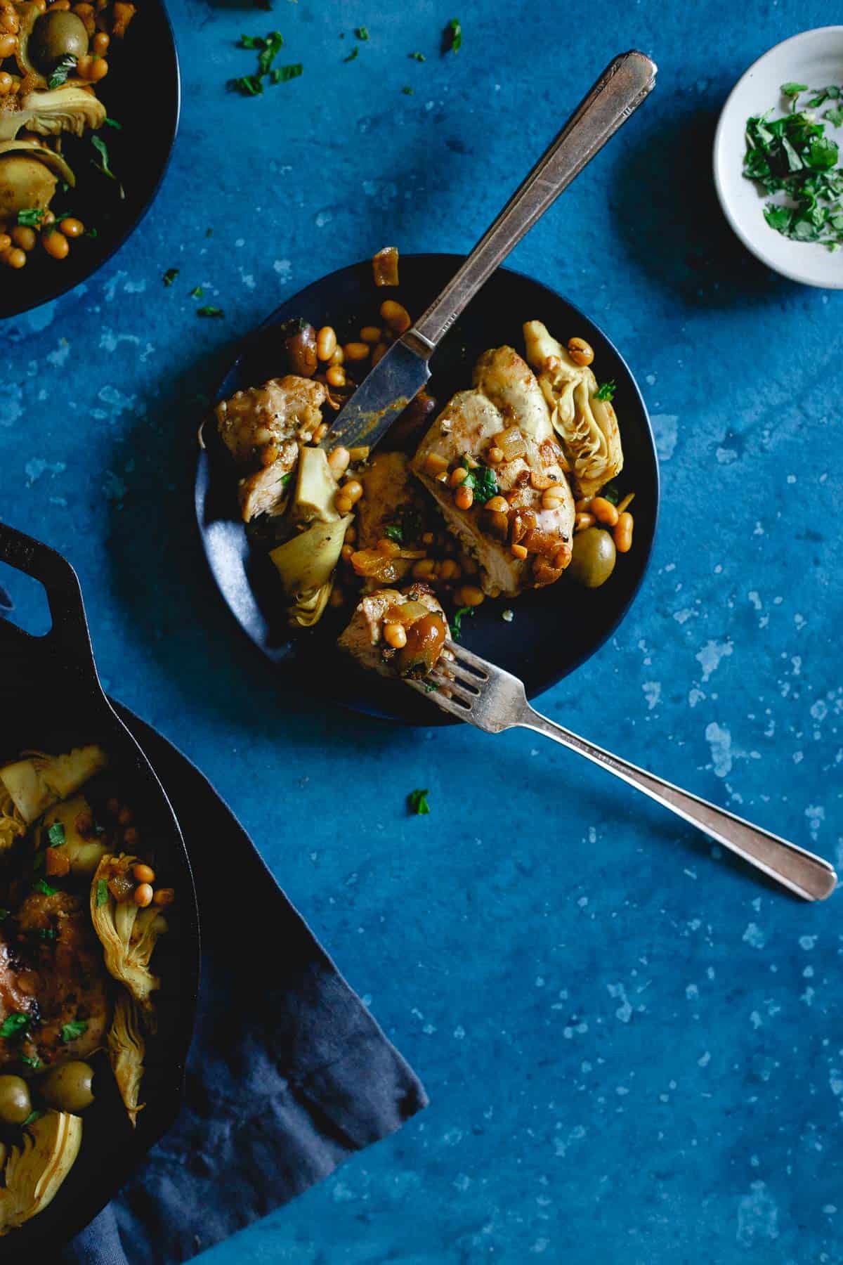 Packed with flavor from artichoke hearts, mixed olives and white beans, this one skillet dinner makes weeknight meals easy and flavorful!