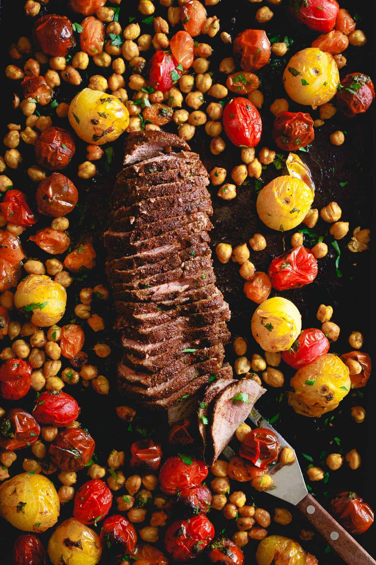 This sheet pan mediterranean roasted lamb is a simple dinner ready in just 20 minutes, loaded with flavor and only one pan to clean up!