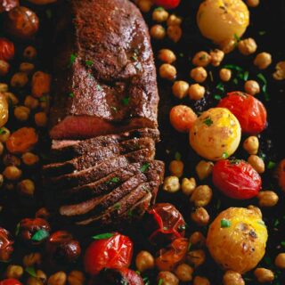 This sheet pan mediterranean roasted lamb is a simple dinner ready in just 20 minutes, loaded with flavor and only one pan to clean up!