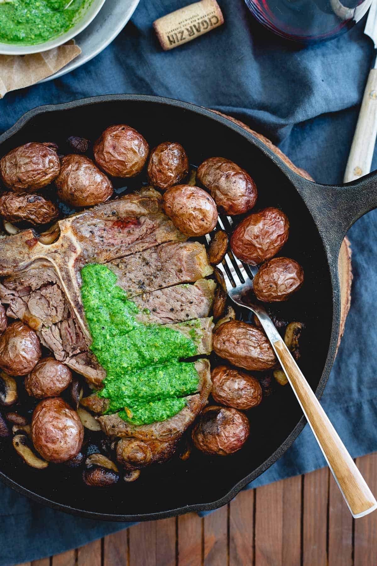 This porterhouse steak skillet is an easy dinner with everything cooked in one pan.