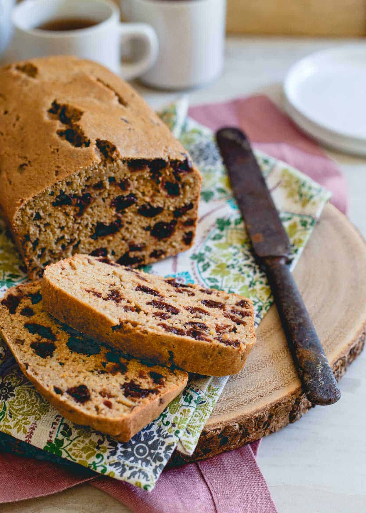 Montmorency cherries are soaked in tea and studded throughout this simple cherry tea bread. Makes for a great afternoon snack!