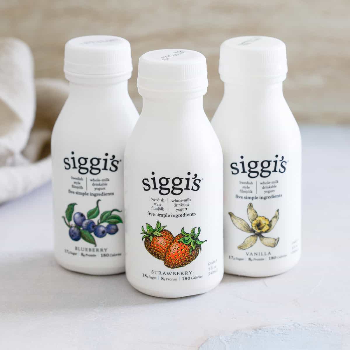 siggi's whole milk drinkable yogurt come in blueberry, strawberry and vanilla for a great healthy on-the-go option when you're rushed for breakfast.