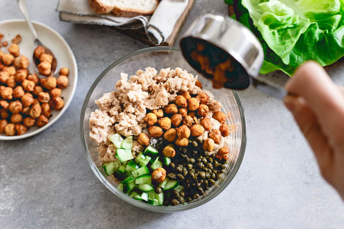 Smoky roasted chickpeas give this dijon dill salmon salad a pop of crunch and added protein!