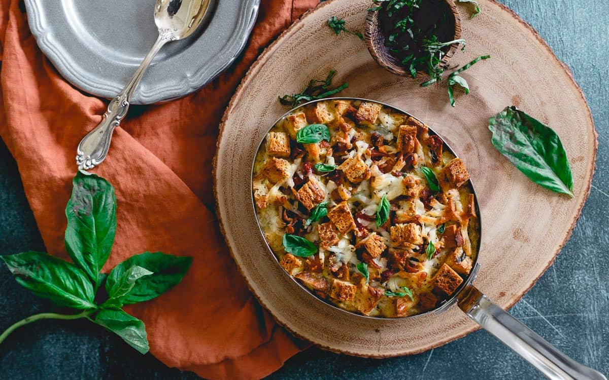 This breakfast strata is made with Udi's gluten free everything bagels for a delicious brunch option.