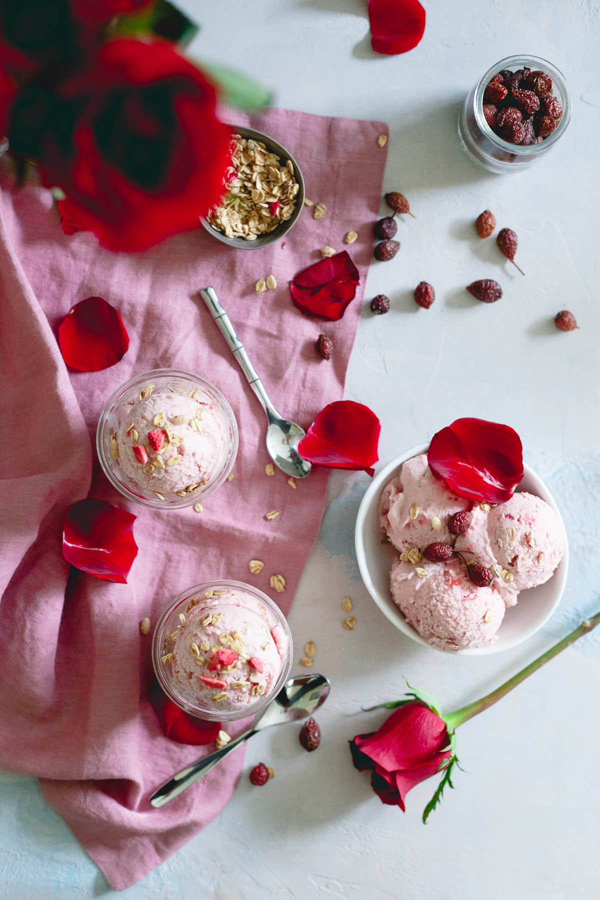 Half ice cream, half frozen yogurt this rosehip and strawberry dessert screams spring!