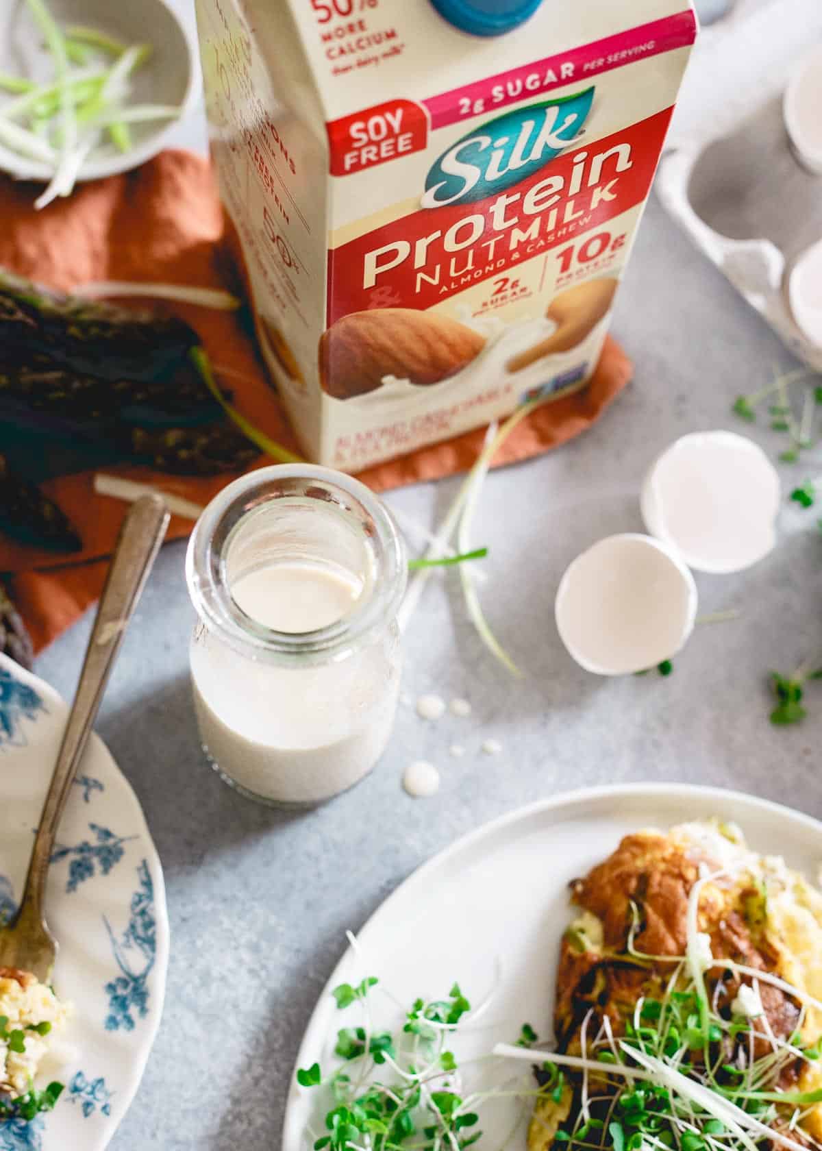 Made with Silk's new protein nut milk, this omelette souffle has all the light and fluffy texture of a souffle combined with a savory breakfast omelette perfect for spring.
