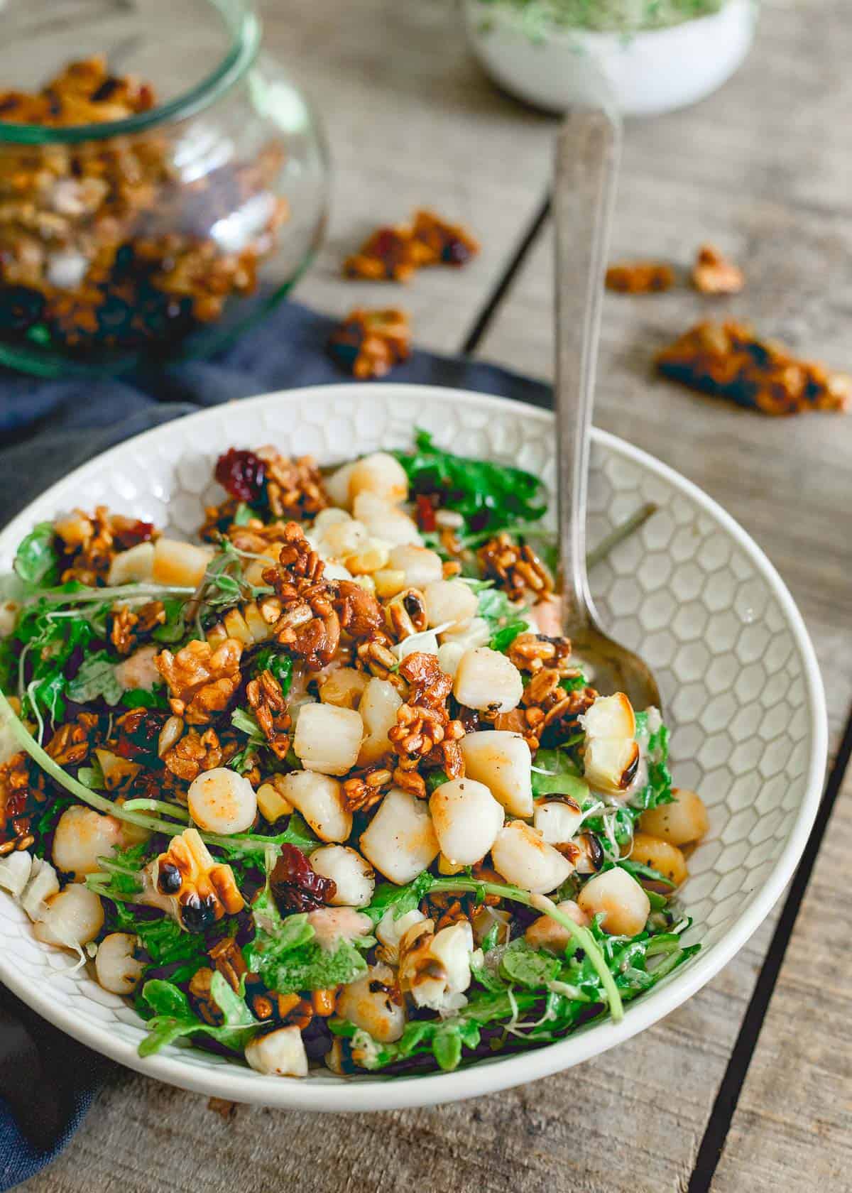 Make healthy eating in the summer delicious and fun with this bay scallop baby kale corn salad with savory tart cherry granola.