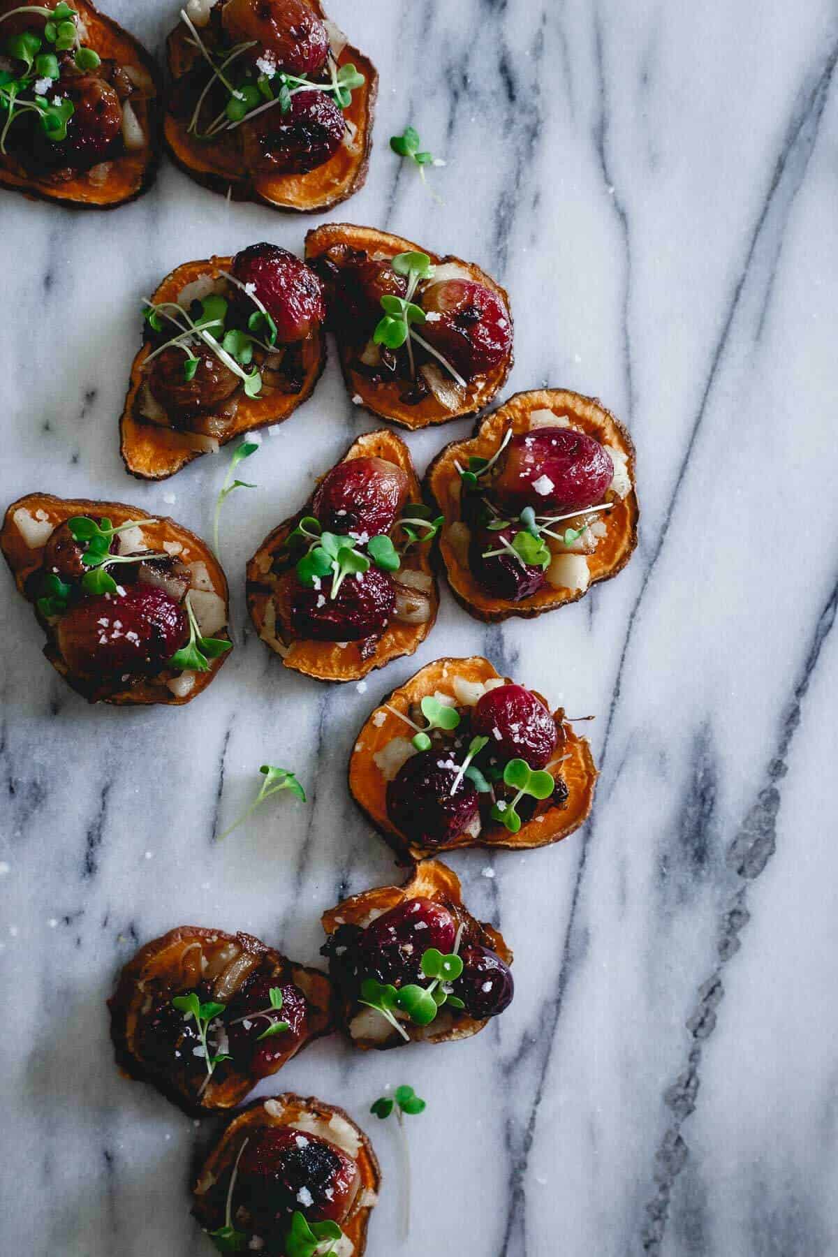 Roasted Grape and Jalapeno Sweet Potato Crostini | Running to the Kitchen