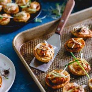 These hummus stuffed potato cups are full of smoky spice flavor and the perfect little roasted bite for a slightly out of the box appetizer or side dish.