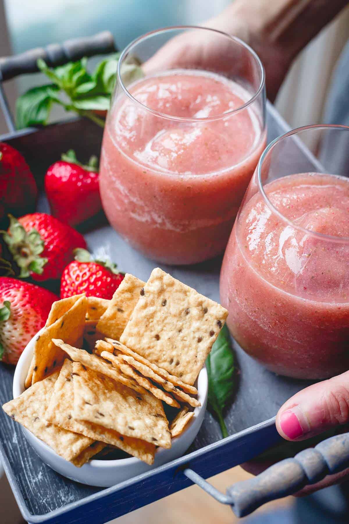 Crunchmaster crackers and easy cider slushies with strawberries and basil make the perfect summer happy hour.