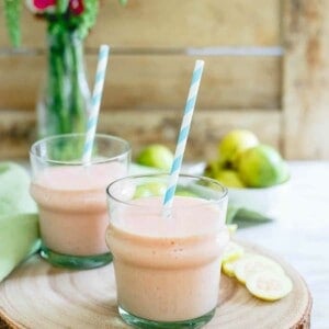 This simple guava pineapple smoothie is made with light coconut milk and a few frozen strawberries for a refreshing dairy-free summer drink.