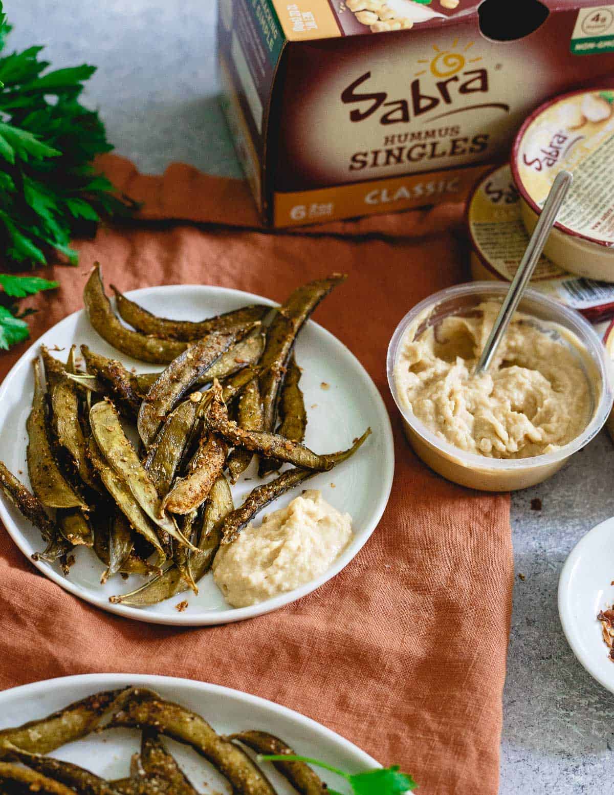 Sabra hummus singles and homemade snap pea crisps make a great healthy snack!