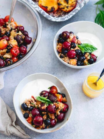 This summer fruit panzanella is full of sweet, ripe cherries, blueberries, grilled nectarines, toasted gluten-free blueberry muffins and a sweet citrus dressing. Spoon over yogurt, vanilla ice cream or eat as is for a light, summer-filled treat.