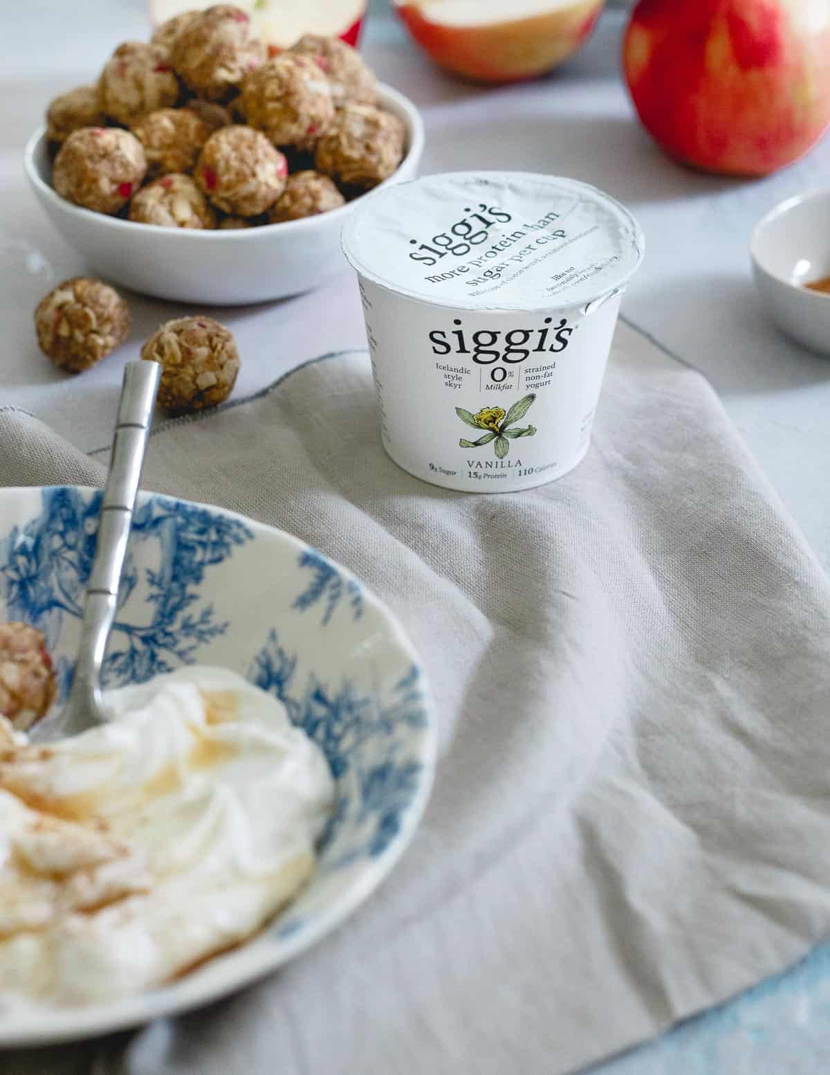 siggi's 0% vanilla yogurt is a great healthier snack option along with these apple cinnamon cookie bites.