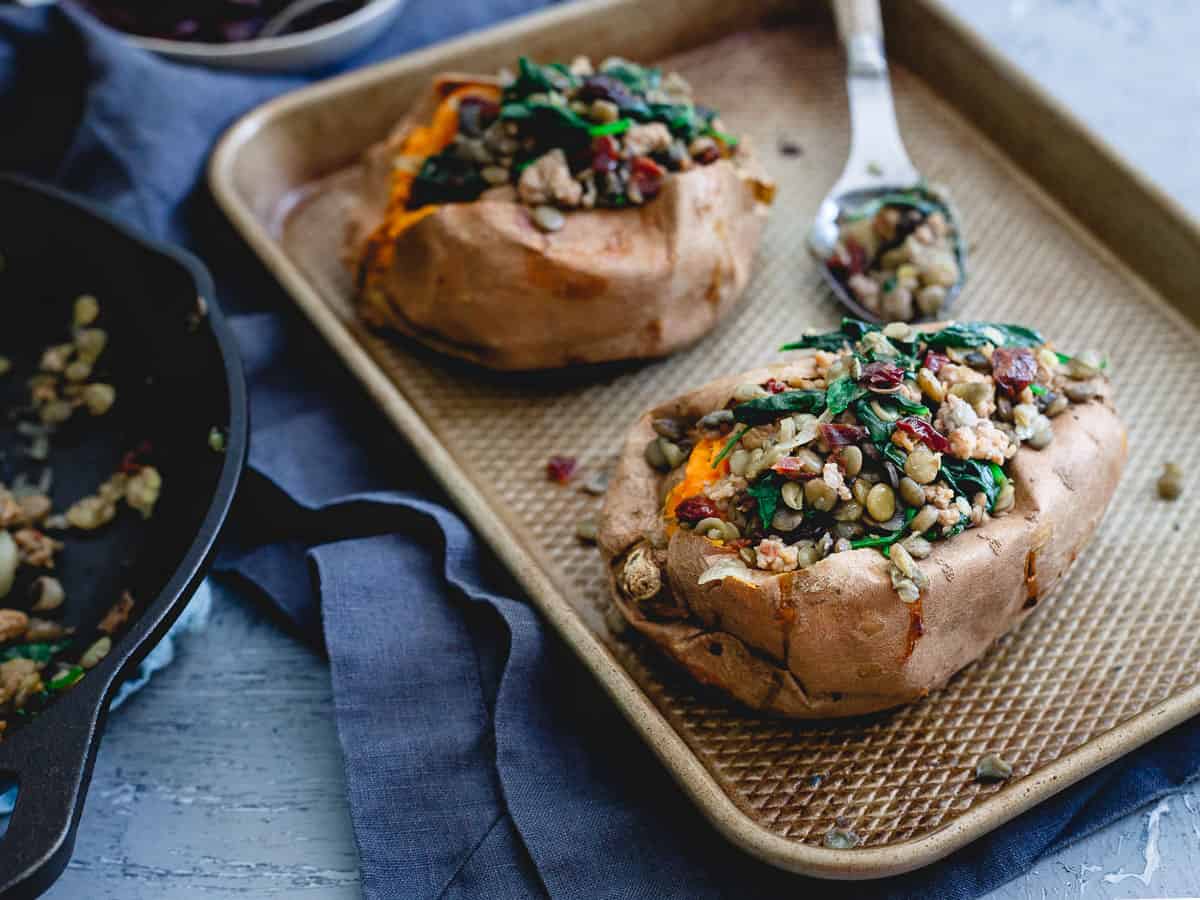 These turkey sausage stuffed sweet potatoes are a fall-inspired dinner perfect for the cooler temps of September.