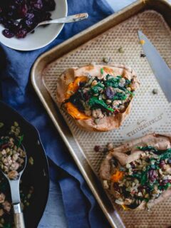 These stuffed sweet potatoes are filled with hot Italian turkey sausage, lentils, tart cherries and spinach. A wholesome way to welcome in the fall season.