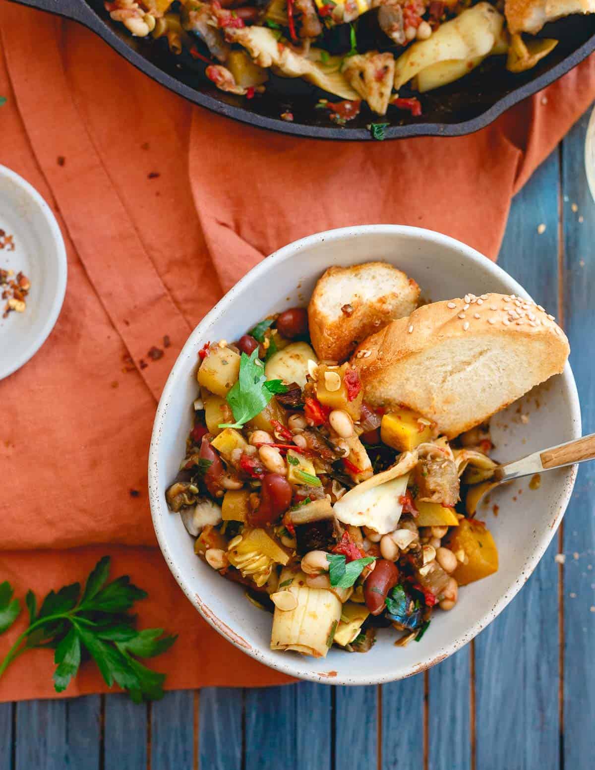 Serve this end of summer vegetable bean skillet with some crusty bread for an easy meatless meal.
