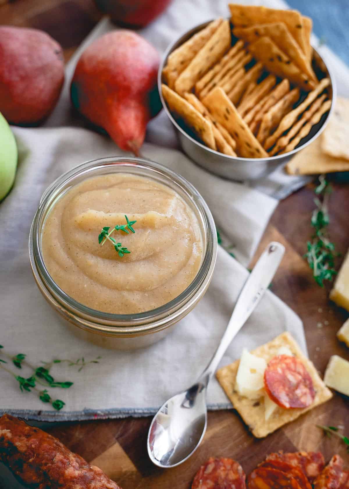 Savory thyme pear apple butter is the perfect fall spread for any appetizer board.