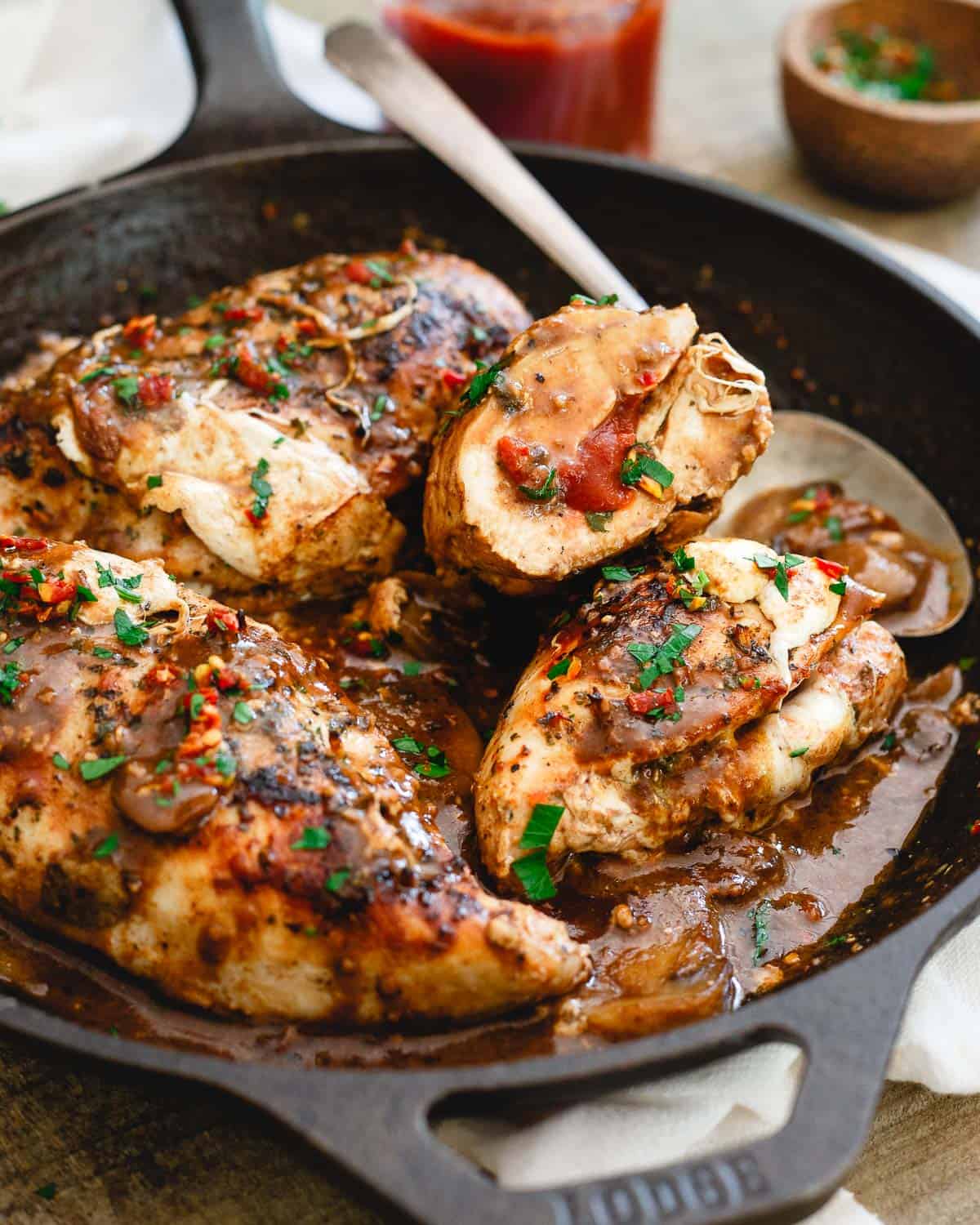 Oozing with melted mozzarella and tomato butter, this stuffed chicken marsala is a deliciously decadent dinner.