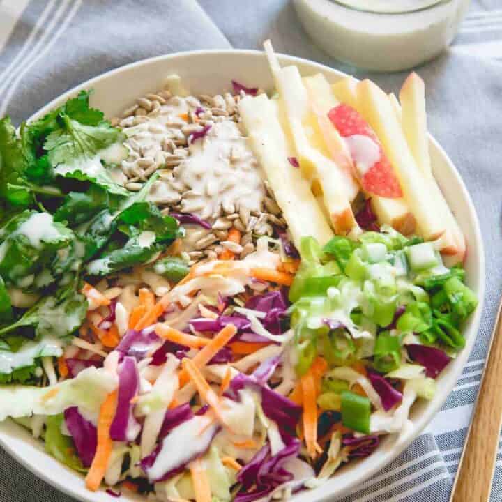 This kefir honey mustard dressing is creamy, tangy and boosted with both naturally occurring probiotics and a probiotic powder supplement to up your healthy salad game!