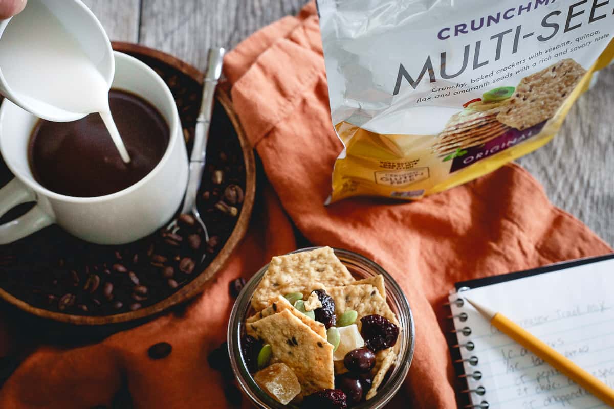 Crunchmaster multi-seed crackers are a great base for this savory and sweet trail mix snack.