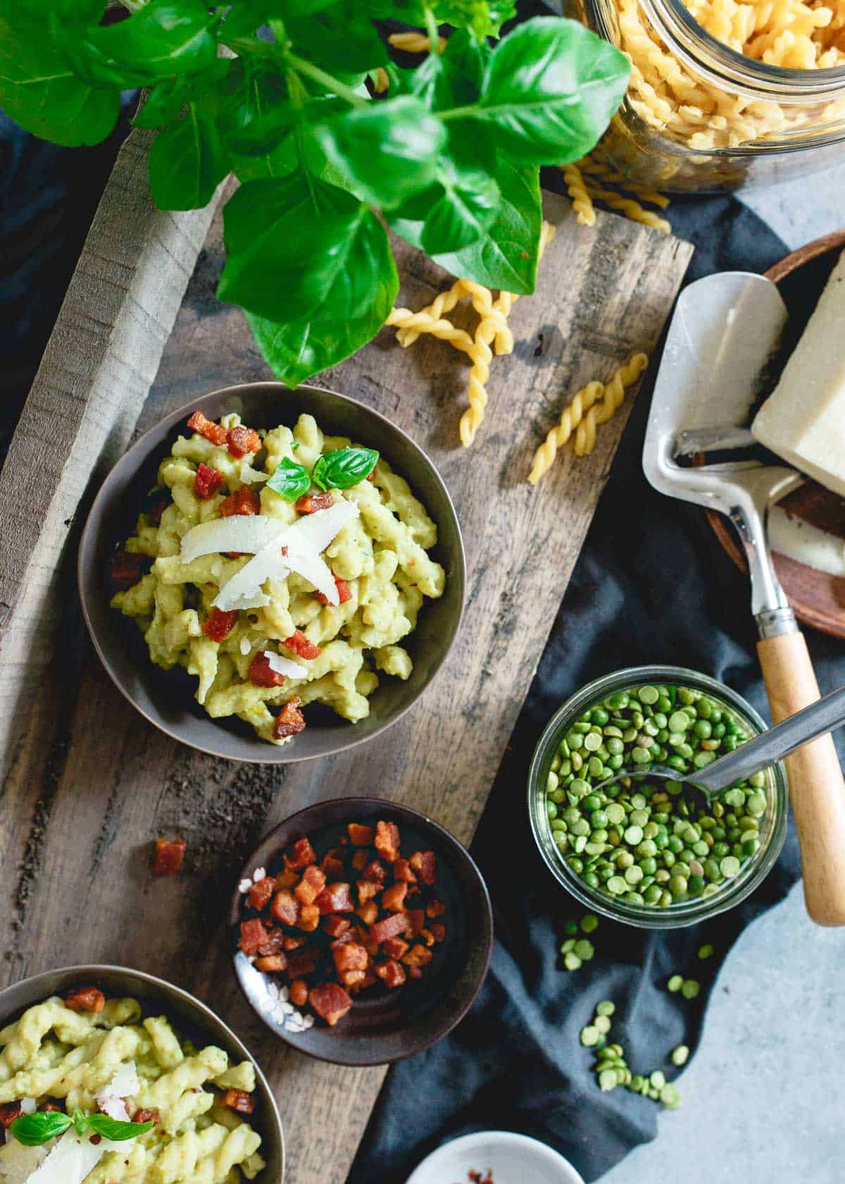 Split pea pesto pasta is a creamy and indulgent bowl of comfort food, perfect for winter.