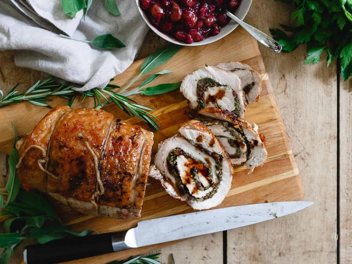 Tart cherry chestnut stuffed turkey roulade is a gorgeous holiday option when you don't want to cook a whole turkey!