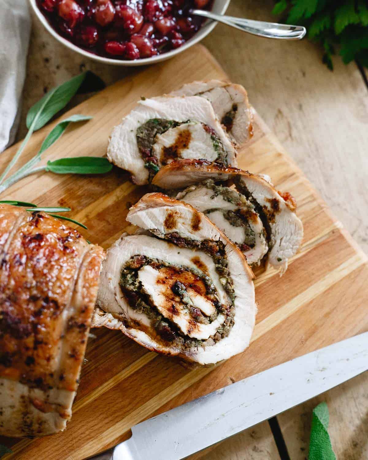 Stuffed with tart cherries, chestnuts and herbs, this turkey roulade is even tastier than a traditional turkey.