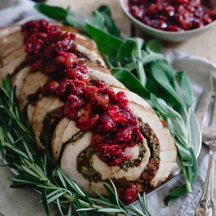 This turkey roulade is stuffed with Montmorency tart cherries, chestnuts and herbs. It's topped with a red wine soaked cherry sauce and makes for a beautiful (and easy!) holiday dish.